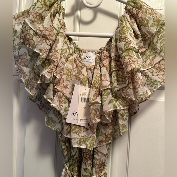 MISA Off-the-shoulder Ruffle Midi Dress Green Motif Small NWT - Picture 5 of 6